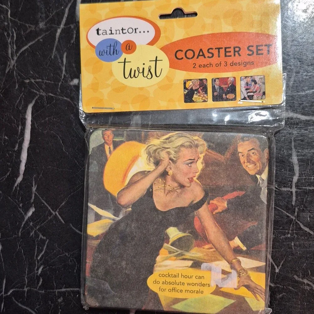 Funny set of coasters. 6 coasters, 3 designs.